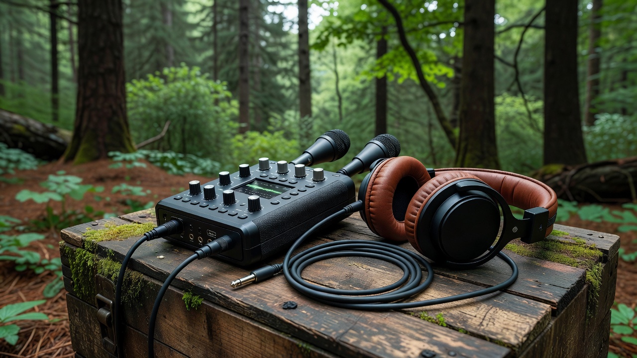 Portable audio recorder and headphones arranged for a location-recording session