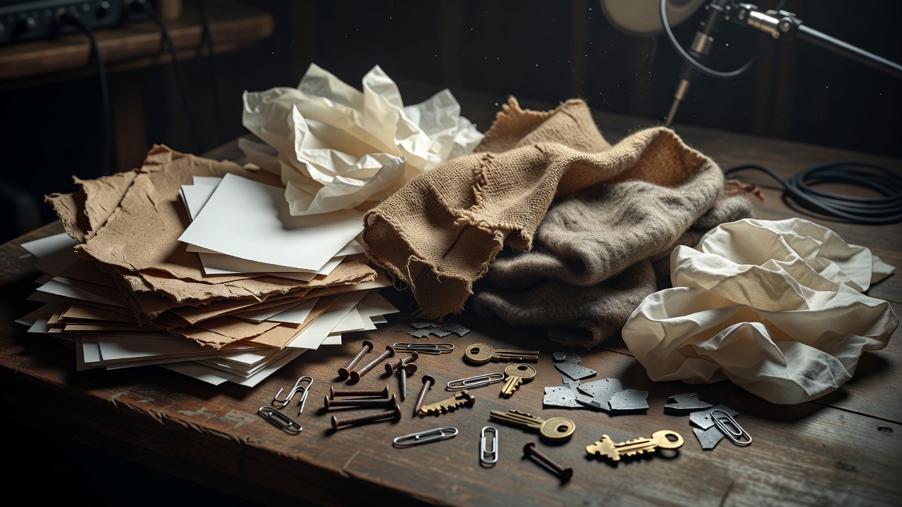 Paper, fabric and small metal objects arranged as Foley recording materials