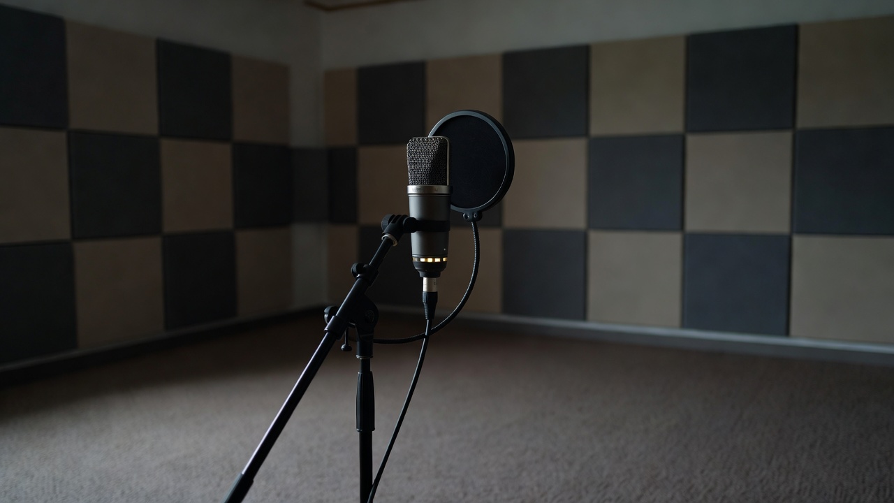 A recording microphone positioned to capture a quiet indoor acoustic space